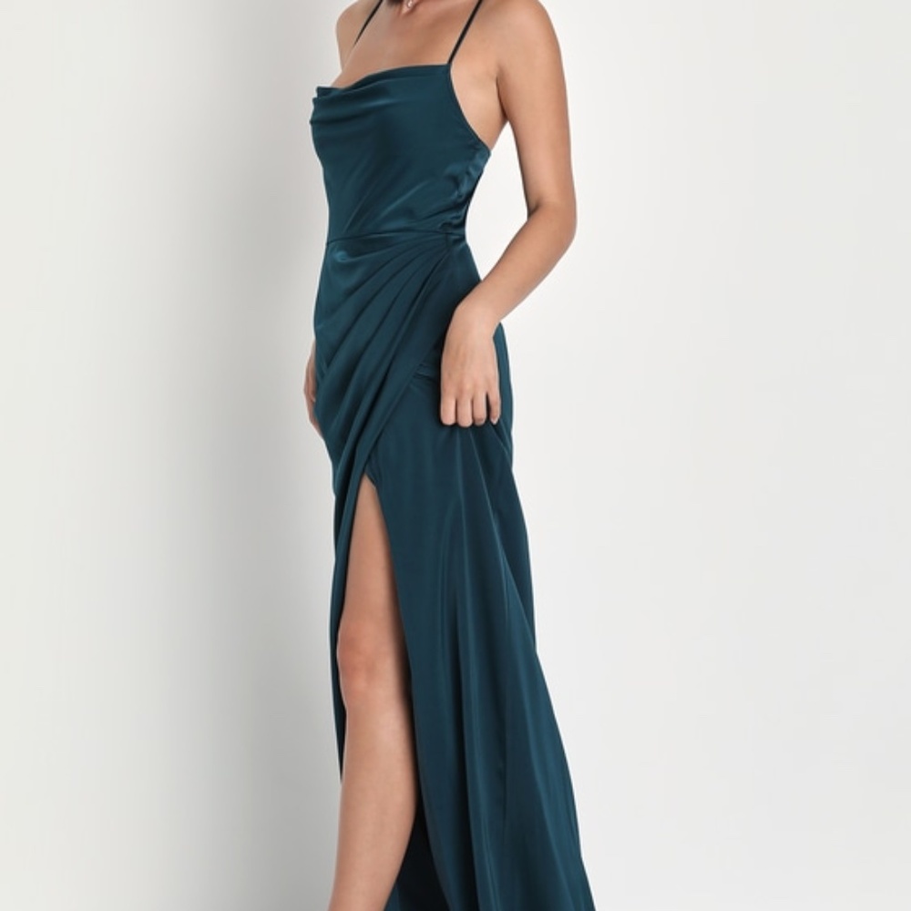 Lulus Moments Of Beauty Dark Teal Satin Cowl Neck Tulip Maxi Dress Blue